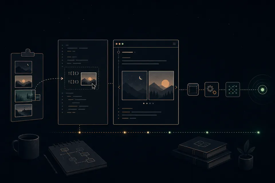 Images move from a clipboard through markdown into a terminal-style gallery and a verified release pipeline.